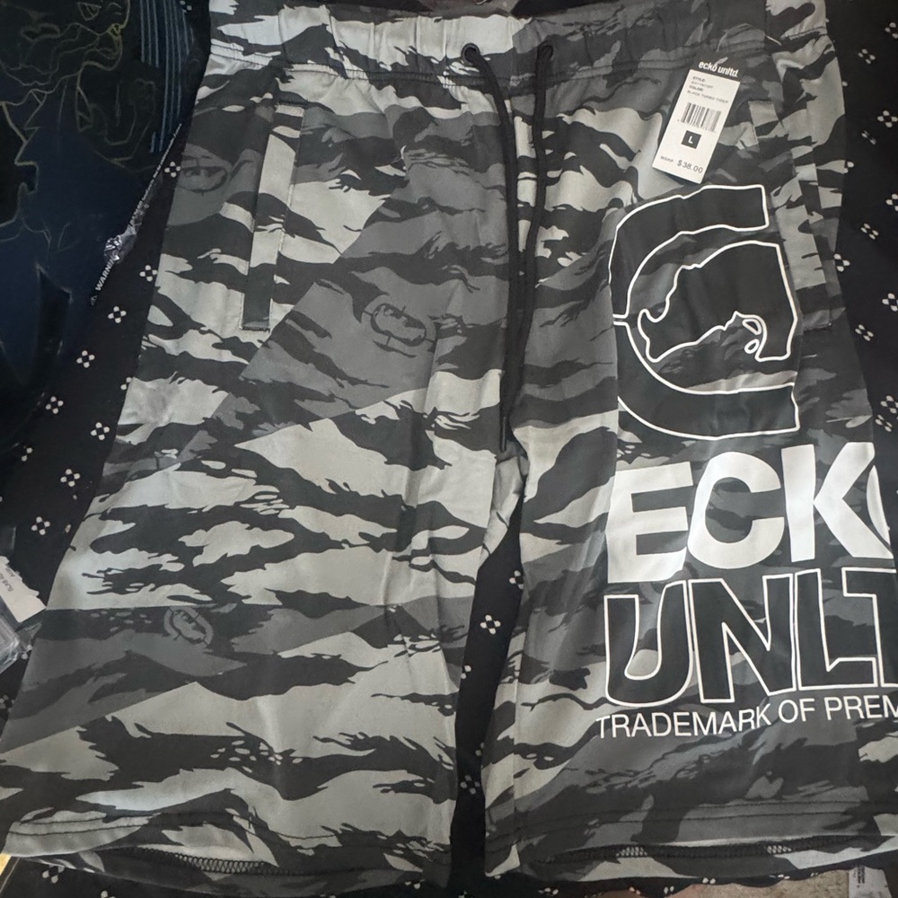 Ecko Unlimited Black and Gray Camo Athletic Shorts